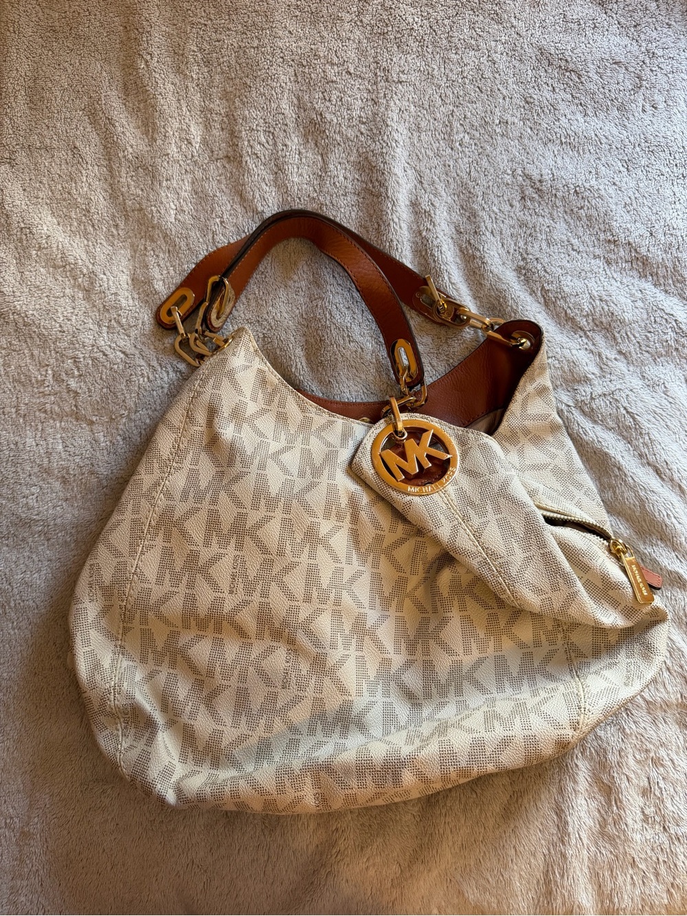 Michael Kors Cream Logo-Print Shoulder Hobo with Brown Trim and Gold Hardware